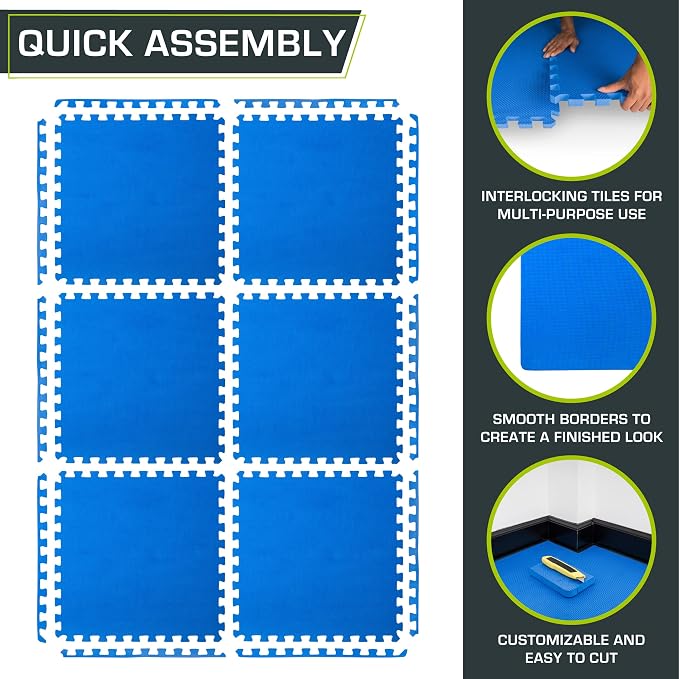 ProsourceFit Weaved Pattern Extra Thick Exercise Puzzle Mat 1-inch, EVA Foam Interlocking Tiles for Protective, Cushioned Flooring for Home and Gym Equipment; Blue, 24 SQ FT, 6 Tiles