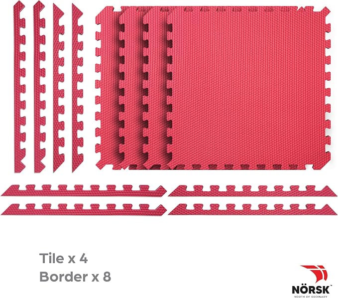 Reversible Gym Exercise Mats 3/4" Thick EVA Interlocking Foam Tiles, Perfect Gym Flooring for Home Gym, 40 Tiles & 80 Trim Pieces, 160 Sq. Ft. Reversible, Red/Black