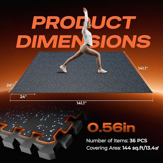 SUPERJARE 0.56'' Thick 36 Pcs 144 Sq Ft Rubber Top Exercise Equipment Mats, High Density EVA Foam Mats with Rubber Top, Interlocking Gym Flooring for Home Gym, Protective Workout Mat, Black/Blue