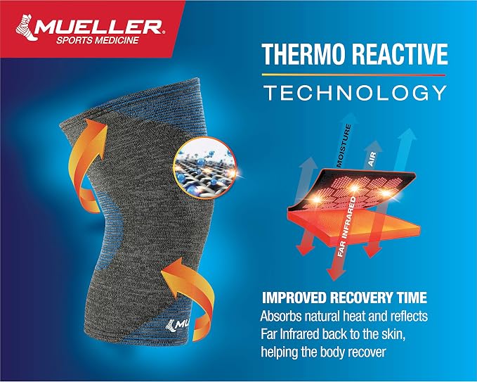 MUELLER Sports Medicine FIR 4-Way Stretch Compression Knee Support, Knee Pain Relief Support for Men & Women, Ideal for Arthritis, Sprains, Gray/Blue