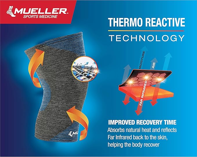 MUELLER Sports Medicine FIR 4-Way Stretch Compression Knee Support, Knee Pain Relief Support for Men & Women, Ideal for Arthritis, Sprains, Gray/Blue