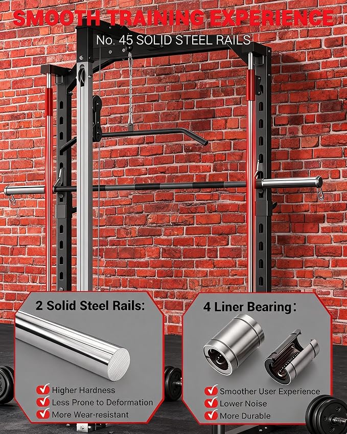 Garvee Smith Machine Home Gym - Multi-Functional Squat Power Rack with Barbell Bar, Cable System, LAT Pulldown, Safety Spotter Arms, J Hooks, Landmine - Strength Training Equipment for Home | With Barbell Bar, Cable System, LAT Pulldown, Safety Spotter...