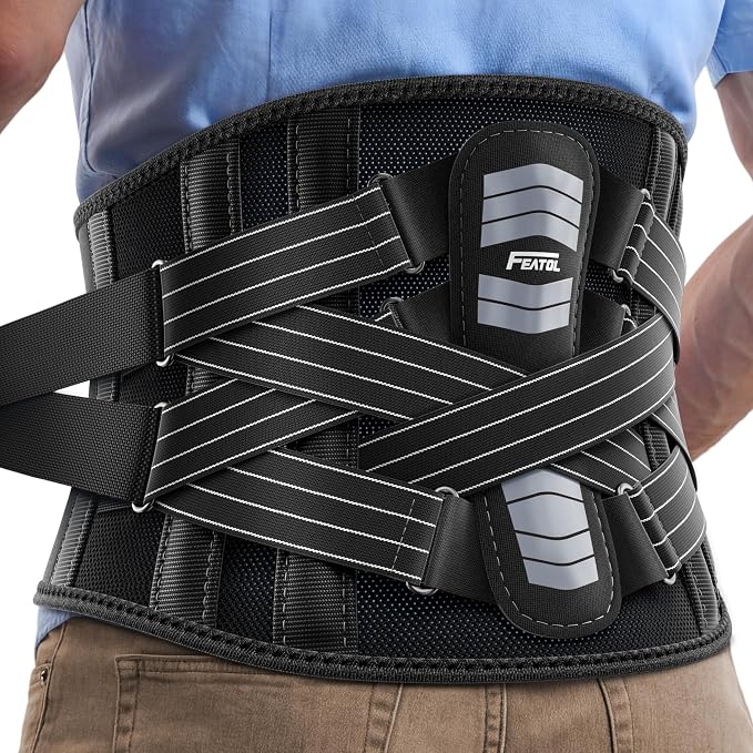 FEATOL Back Brace for Men Lower Back and Women, Removable Dual-Side Spine Lumbar Pad with Snug Fit, Adjustable Support Belt for Work, Gray, Size S 25-29.5"
