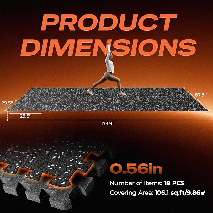 SUPERJARE 30" x 30" Larger Rubber Top Exercise Equipment Mats, 0.56" Thick 18PCS 112.5 Sq Ft High-Density EVA Foam Interlocking Gym Flooring, Big Workout Mat for Home Gym, Floor Protection, Black/Grey