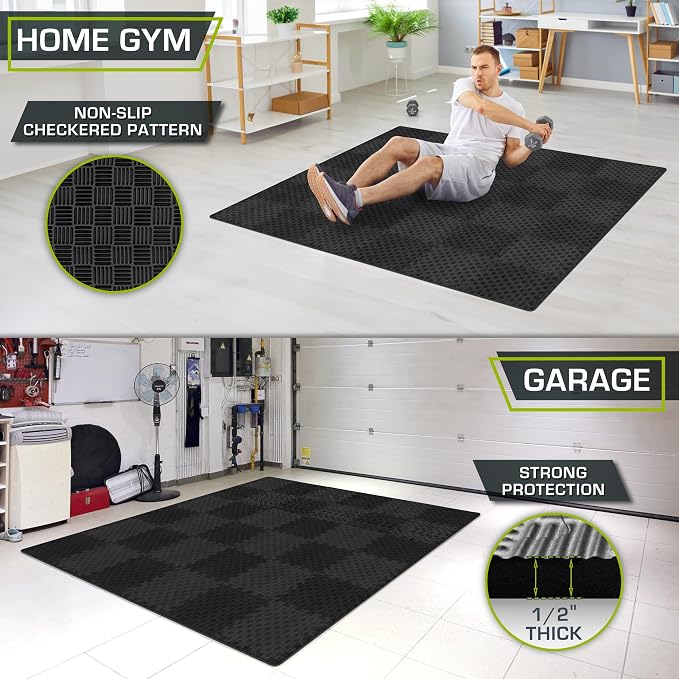 ProsourceFit Exercise Puzzle Mat ½-inch, Checkered EVA Foam Floor Tiles w/ Non-Slip Texture, Interlocking Design for Adjustable Gym Surfaces, Shock Absorbing, Black, 36 SQ FT - 36 Tiles