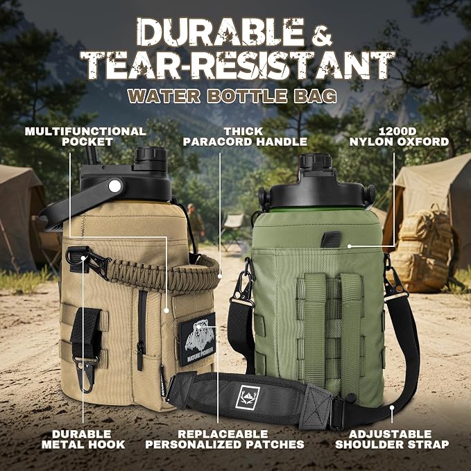 NATURE PIONEOR 128oz/1 Gallon Tactical Water Bottle with MOLLE Bottle Pouch | 18/8 Food-grade Stainless Steel, Double Vacuum Insulation, Wide-Mouth, Straw & Spout Lid, Strap, Camping, Hiking, Gym, Work