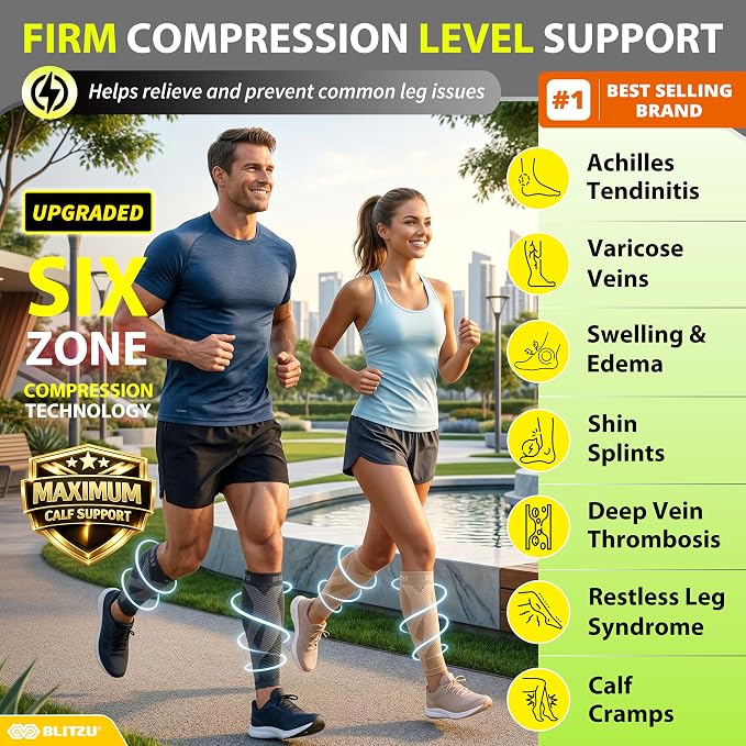 BLITZU Calf Compression Sleeves, Footless Compression Socks for Men & Women | Leg Support Brace, Shin Splint Pain Relief, Reduce Varicose Vein Swelling, Muscle Recovery, Running, Nursing, Fitness, Travel