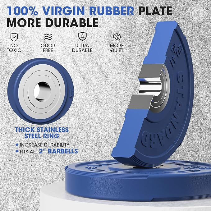 FEIERDUN Color Bumper Plate Set, 2-Inch Olympic Weight Plates, Low Bounce Rubber Barbell Plates with Stainless Steel Insert for Weightlifting, Strength Training, CrossFit & Home Gym, 10LB-370LB