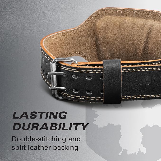 Harbinger Padded Leather Contoured Weightlifting Belt - 4" or 6” Width - Interior Suede Lining & Foam Cushioning - Heavy-Duty Dual Prong Steel Roller Buckle - for Lifting Support