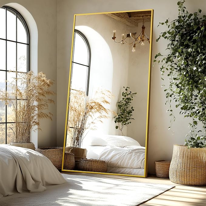 Delma Full Length Standing Mirror,Large Floor Mirror with Aluminum Frame for Bedroom, Bathroom, Living Room,Wall Mount or Freestanding Design(with Stand,Rect 75x35-Gold)