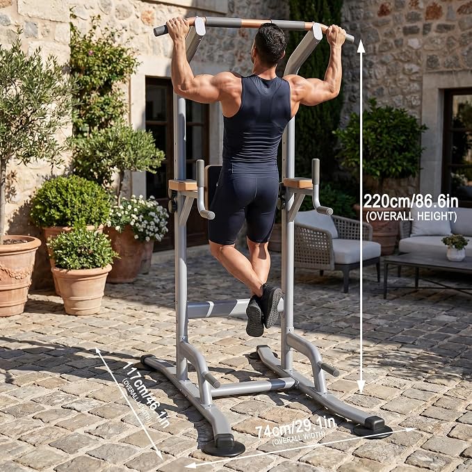 Multi-Function Power Tower Pull Up Bar Station with Pilates Resistance Bands, 450LBS Stable Pull Up Dip Station with Push Up Handles for Home Gym Strength Training Equipment