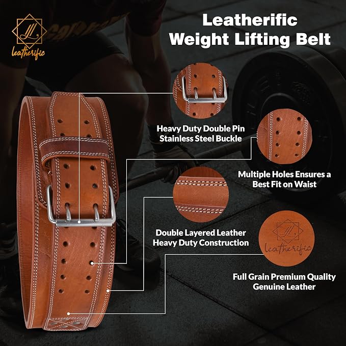 Premium Leather Weight Lifting Belt for Men & Women - 8MM Thick, 4" Wide, Heavy Duty Gym Belt with Steel Buckle for Weightlifting, Powerlifting, Strength Training, Squat or Deadlift Workout, Lower Back Support