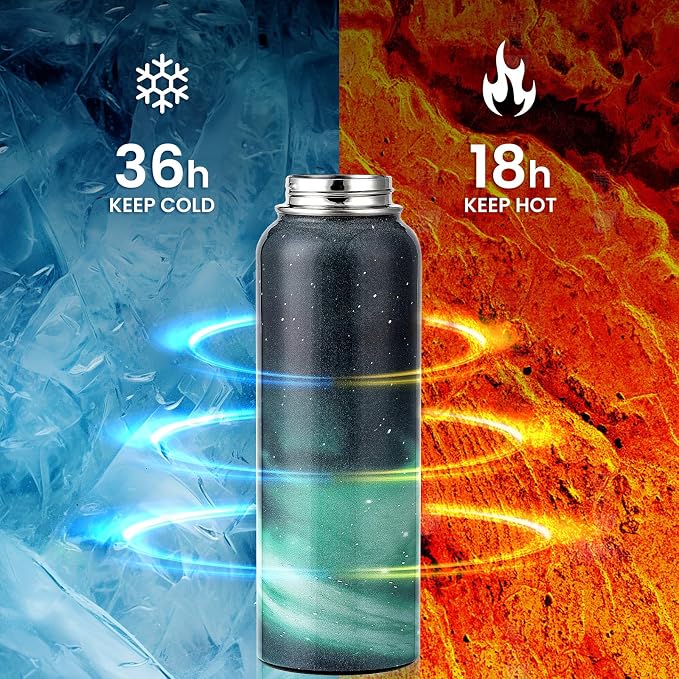 RAYMYLO Insulated Water Bottle 40 oz, Triple Wall Vacuum Stainless Steel | (Cold for 36Hrs, Hot for 18Hrs), Leak Proof & Non-BPA, Modern Water Flask Jug with Paracord Handle & Straw Spout Lids