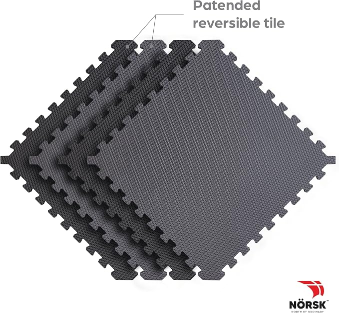 Reversible Gym Exercise Mats 3/4" Thick EVA Interlocking Foam Tiles, Perfect Gym Flooring for Home Gym, 16 Tiles & 32 Trim Pieces, 64 Sq. Ft. Reversible, Gray/Black