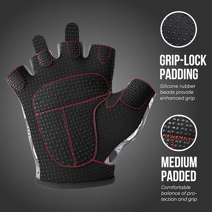 Contraband Pink Label 5237 Womens Designer Workout Gloves | Sugar Skull Print w/Grip-Lock™ Padding (Gray, Large)