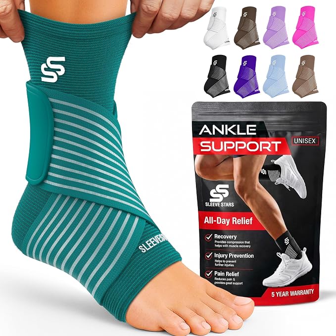 Sleeve Stars Ankle Brace for Women & Men, Ankle Wrap for Sprain, Compression Sleeve for Plantar Fasciitis Relief, Easy Customizable Support: w/ Removable Strap (Single/M:10"-12"/Turquoise)