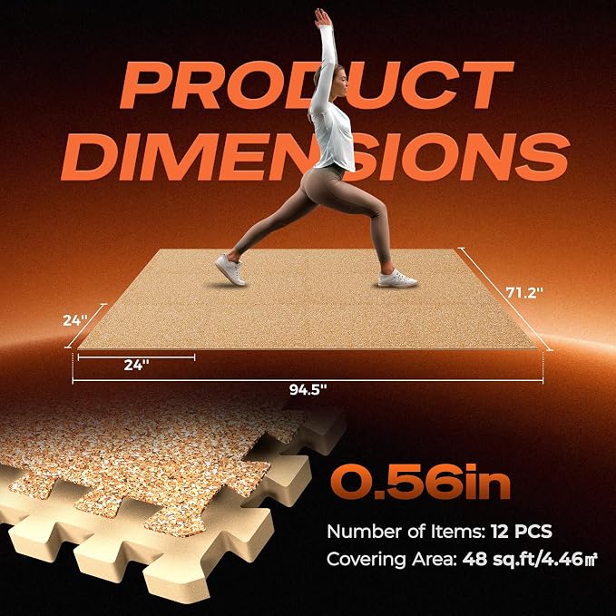 SUPERJARE 0.56'' Thick 12 Pcs 48 Sq Ft Rubber Top Exercise Equipment Mats, High Density EVA Foam Mats with Rubber Top, Interlocking Gym Flooring for Home Gym, Protective Workout Mat, Wood