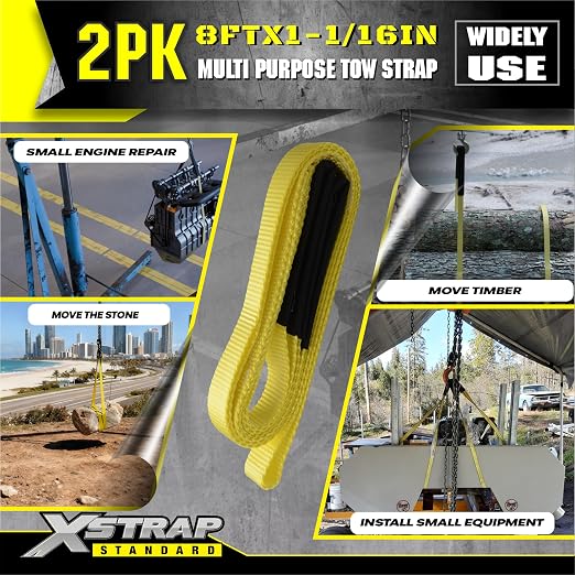 XSTRAP STANDARD 2PK 1''x 8FT Lift Sling Web Strap/Wear Guard End, Heavy Duty Flat Eye Lifting Sling with 2 Reinforced Loops for Tree Saver Lifting Furniture Appliances Machine | 4,000 lbs Break Strength Lifting Straps with 2 Reinforced Loops for Tree S...