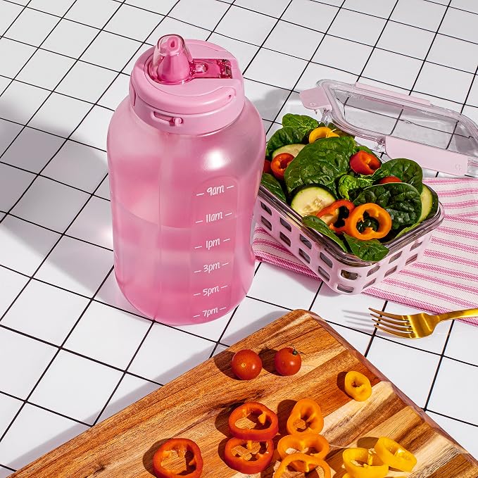 Ello Hydra 64oz Half Gallon Water Jug with Bottle Bag Handle and Motivational Time Markers for All Day Hydration, Plastic Reusable Water Bottle with Straw and Locking, Leak Proof Lid, BPA Free, Daisy
