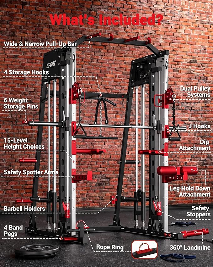 Garvee Smith Machine Home Gym, 2200LBS Power Cage Squat Rack with Smith Bar | With Cable Crossover, LAT Pull-Down & Leg Hold-Down - Multi-Functional Strength Training Equipment for Home, Red