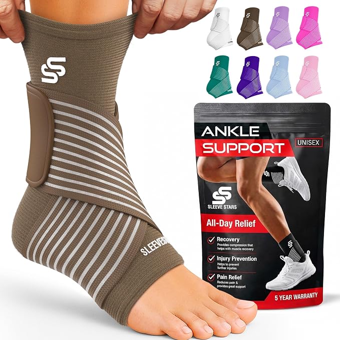Sleeve Stars Ankle Brace for Women & Men, Ankle Wrap for Sprain, Compression Sleeve for Plantar Fasciitis Relief, Easy Customizable Support: w/ Removable Strap (Single/M:10"-12"/Mocha Brown)