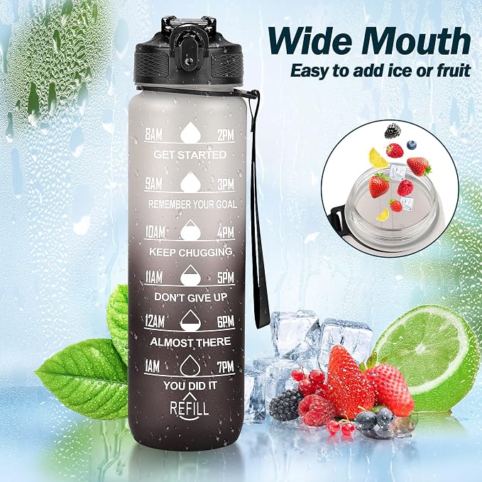 YC Kitchen Motivational Water Bottle with Time Marker - 32oz, Leak-proof BPA Free Sports Water Bottles with Straw & Carrying Strap