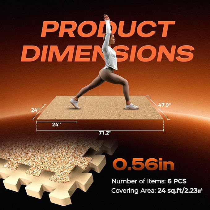SUPERJARE 0.56'' Thick 6 Pcs 24 Sq Ft Rubber Top Exercise Equipment Mats, High Density EVA Foam Mats with Rubber Top, Interlocking Gym Flooring for Home Gym, Protective Workout Mat, Wood