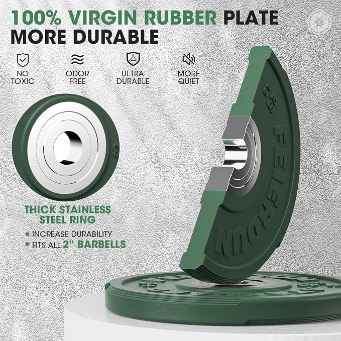 FEIERDUN Color Bumper Plate Set, 2-Inch Olympic Weight Plates, Low Bounce Rubber Barbell Plates with Stainless Steel Insert for Weightlifting, Strength Training, CrossFit & Home Gym, 10LB-370LB