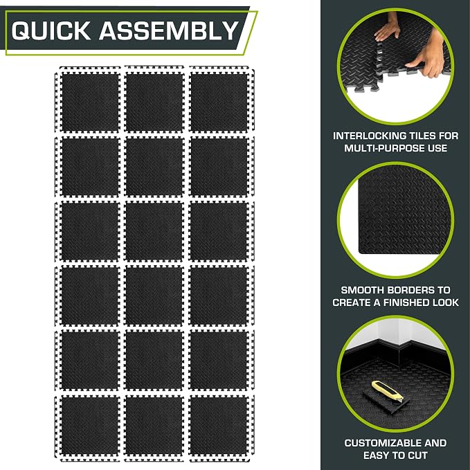 ProsourceFit Exercise Puzzle Mat 1/2-inch, EVA Interlocking Foam Floor Tiles for Home Gym, Workout Equipment, Kids Play Areas, Black, 72 SQ FT - 18 Tiles