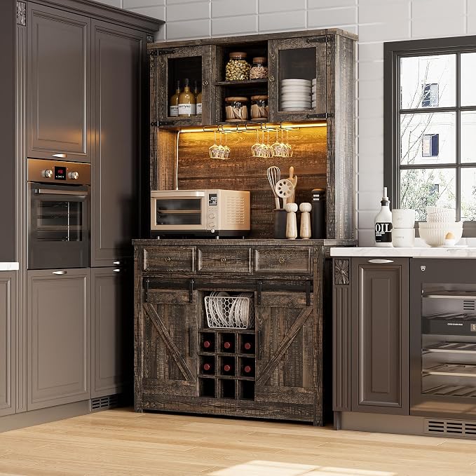 GarveeHome 72" Farmhouse Coffee Bar Cabinet with LED Lights & Power Outlets | Tall Kitchen Buffet Hutch with 3 Drawers & Wine Glass Rack, Sliding Barn Door, Ample Storage for Home Bar, Dark Oak