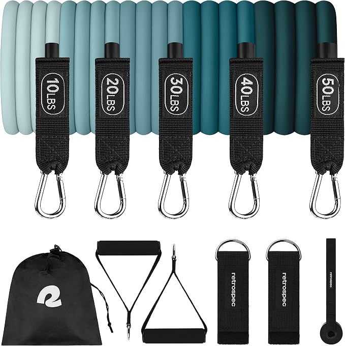 Retrospec Train Resistance Bands Set for Working Out - 5 Stackable Bands, Handles & Door Anchor - Portable Fitness Equipment for Physical Therapy & Yoga Includes Carry Bag