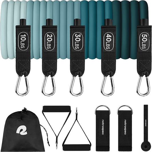 Retrospec Train Resistance Bands Set for Working Out - 5 Stackable Bands, Handles & Door Anchor - Portable Fitness Equipment for Physical Therapy & Yoga Includes Carry Bag