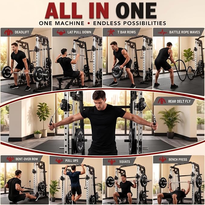 Smith Machine Home Gym – 2200LBS Multi-Function Squat Rack with Smith Bar | Power Cage,LAT Pulldown,Cable Crossover System,Dual Pulley Station,360° Landmine, Heavy Duty Full Body Workout Equipment