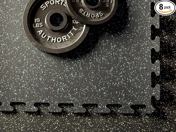 American Floor Mats Fit-Lock 3/8 Inch Heavy Duty Rubber Flooring - Interlocking Rubber Tiles (24" x 24" Tile) Solid Black 4' x 8' Set (8 Tiles Total) - Exercise Mats, Home Gym Sets