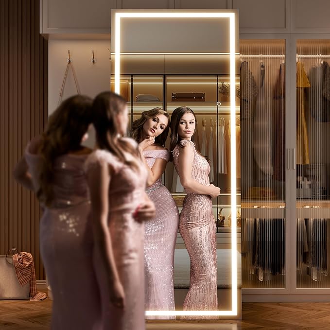 75" x 28" Full Length Mirror with Lights, LED Lighted Floor Standing Body Mirror, Dimmable & 3 Color Lighting for Bedroom, Cloakroom, Dressing Room, Tempered Glass, Black Frame
