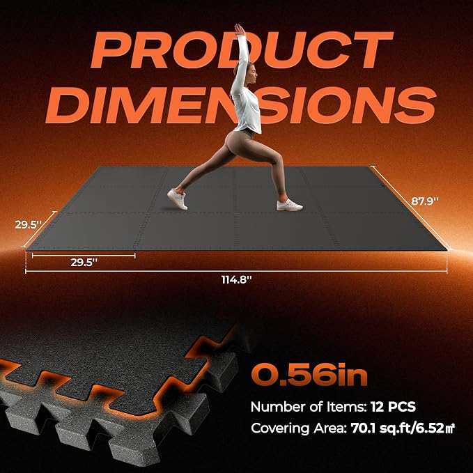 SUPERJARE 30" x 30" Larger Rubber Top Exercise Equipment Mats, 0.56" Thick 12PCS 75 Sq Ft High-Density EVA Foam Interlocking Gym Flooring, Big Workout Mat for Home Gym, Floor Protection, Black