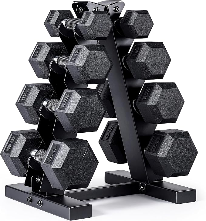 CAP Rubber Coated Hex Dumbbell Set with Storage Rack | 100–210 lb Options, Space-Saving Vertical Compact Storage for Home Gym Strength Training
