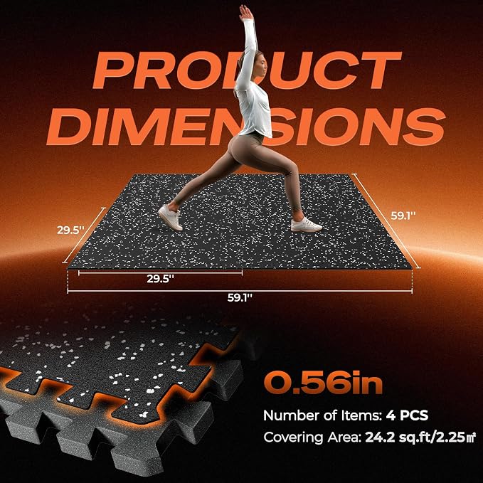 SUPERJARE 30" x 30" Larger Rubber Top Exercise Equipment Mats, 0.56" Thick 4PCS 25 Sq Ft High-Density EVA Foam Interlocking Gym Flooring, Big Workout Mat for Home Gym, Floor Protection, Black/Grey