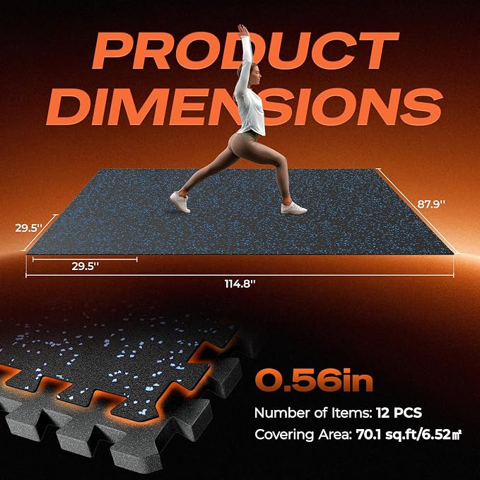 SUPERJARE 30" x 30" Larger Rubber Top Exercise Equipment Mats, 0.56" Thick 12PCS 75 Sq Ft High-Density EVA Foam Interlocking Gym Flooring, Big Workout Mat for Home Gym, Floor Protection, Black/Blue