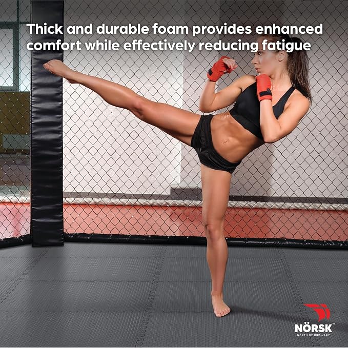 Reversible Exercise Mats 3/4" Thick EVA Interlocking Foam Tiles, Perfect Home Gym Flooring, 4 Tiles & 8 Trim Pieces, 16 Sq. Ft. 24"x24", Gray/Black