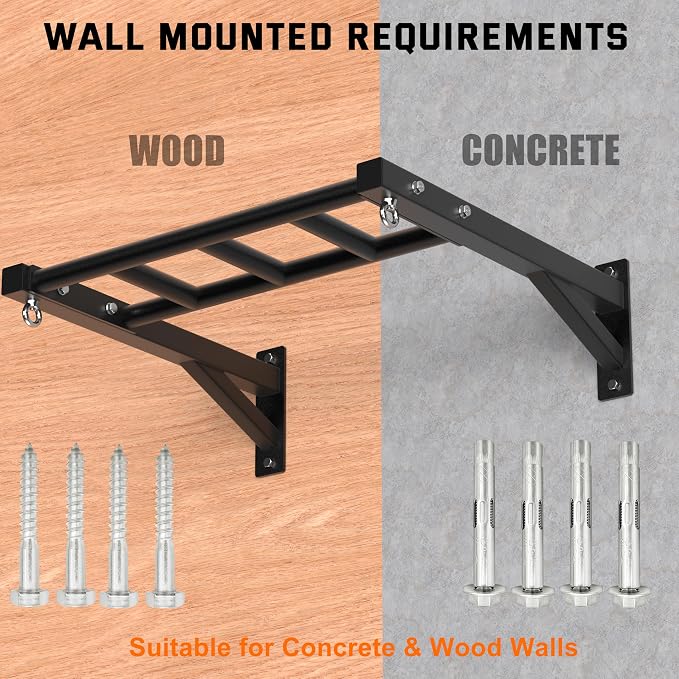 HOOUSA Wall-Mounted Pull-Up Bar, 600lb Load Capacity,Fit 24" wall Spacing | Multi Grip Design, 2 Suspension Ring, Suitable for Concrete and Wood Mounting, For Garage Indoor Basement Strength Training