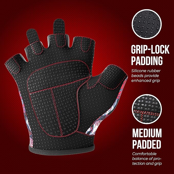Contraband Pink Label 5237 Womens Designer Workout Gloves | Sugar Skull Print w/Grip-Lock™ Padding (Red, Medium)
