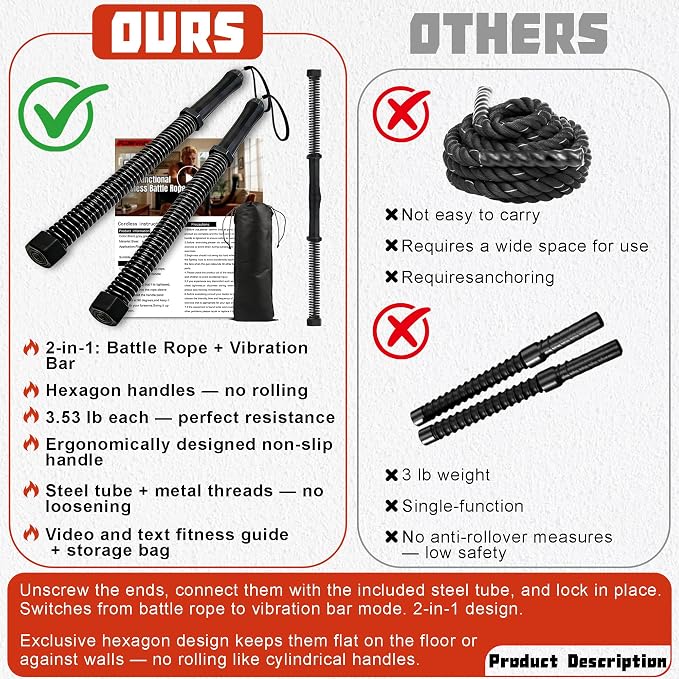 2-in-1 Ropeless Battle Rope & Vibration Bar, Portable Cordless Fitness Ropes for Home Gym, Strength Building, HIIT Training & Low-Impact Aerobic Training for Men and Women