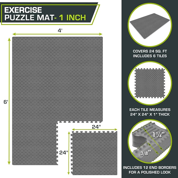 ProsourceFit Exercise Puzzle Mat 1-inch, Checkered EVA Foam Floor Tiles w/Non-Slip Texture, Interlocking Design for Adjustable Gym Surfaces, Shock Absorbing, Grey, 24 SQ FT - 6 Tiles