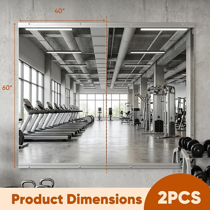 Home Gym Mirror, 40" x 60" - 2PCS, Large Full Length Mirror Wall Mounted for Yoga, Frameless Tempered Glass for Home Gym, Dance Studio, Living Room, Bathroom