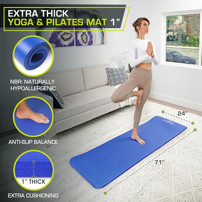 ProsourceFit Extra Thick Yoga and Pilates Mat 1/2” (13mm) or 1" (25mm), 71-inch Long High Density Exercise Mat with Comfort Foam and Carrying Strap