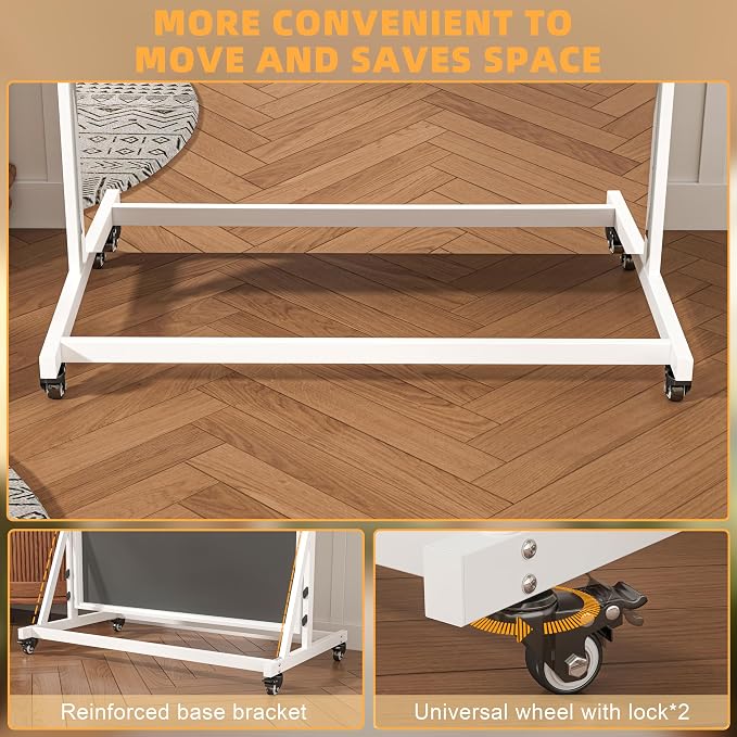 65" x 24" Full Length Rolling Mirror on Wheels for Home Gym, 360° Rotate | Tempered glass & metal frame, 360° rotation, standing holder included, ideal for bedroom, dance studio, fitness training