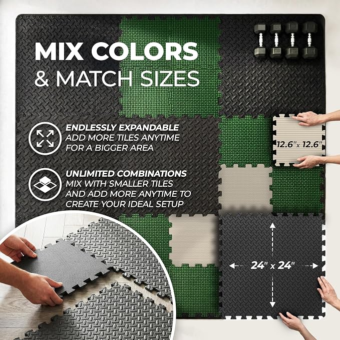bemaxx Gym Mats Set - 12 pcs EVA Interlocking Foam Floor Tiles (24.4"x24.4"x0.4") 48 sqft Protective Gym Flooring Sports Home Workout Exercise Mats Puzzle Garage Fitness Play-Room Pool Treadmill Bike