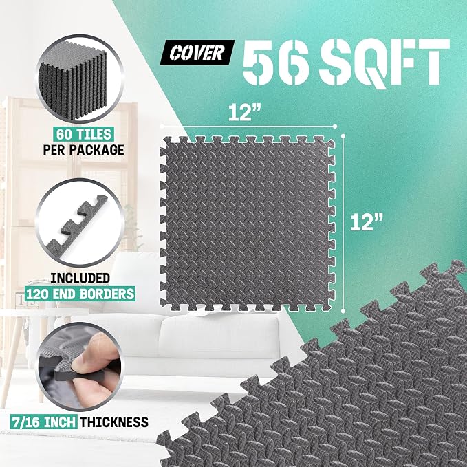 Yes4All EVA Interlocking Mats, Puzzle Floor Tiles, Foam Floor Padding with Border for Furniture, Home Space, Living Room, Garage 56 SQFT