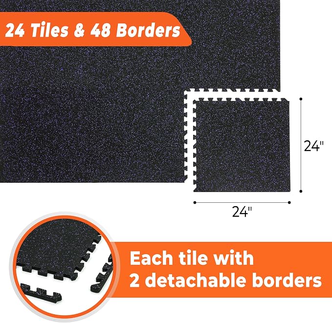 SUPERJARE 0.4'' Thick 24 Pcs 96 Sq Ft Rubber Top Exercise Equipment Mats, High Density EVA Foam Mats with Rubber Top, Interlocking Gym Flooring for Home Gym, Protective Workout Mat, Black/Purple